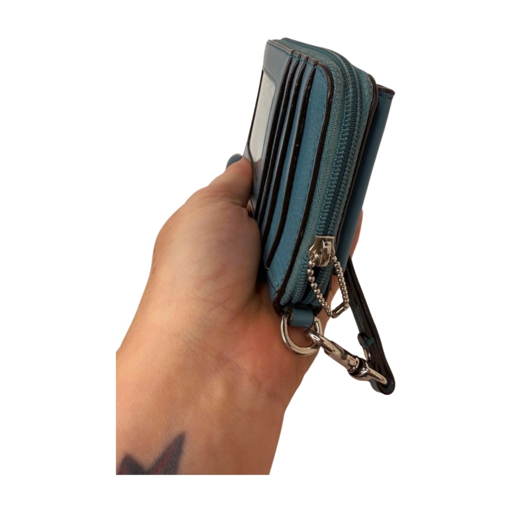 Coach Teal Blue Leather Turnlock Wristlet Wallet Zip Around ID Window - Picture 6 of 13